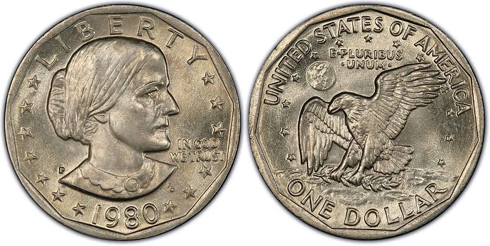 1980 Susan B. Anthony dollar obverse and reverse, high-grade PCGS-graded example