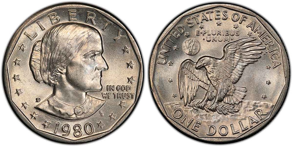 Side-by-side comparison of common 1980-P SBA dollar (MS64) versus gem MS68 example showing surface quality difference