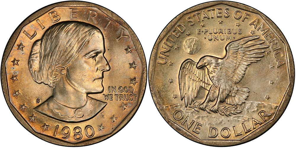 1980-P Susan B. Anthony dollar in gem MS68 condition showing pristine fields and full cartwheel luster