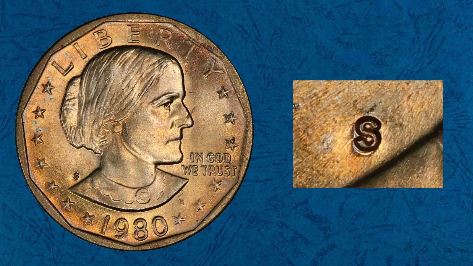 1980-S SBA dollar repunched mintmark showing ghost remnant of second S below the primary S mintmark under magnification