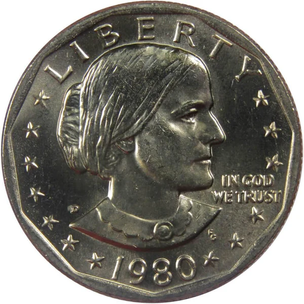 1980 Susan B. Anthony dollar doubled die obverse showing hub doubling on LIBERTY inscription and date digits under magnification