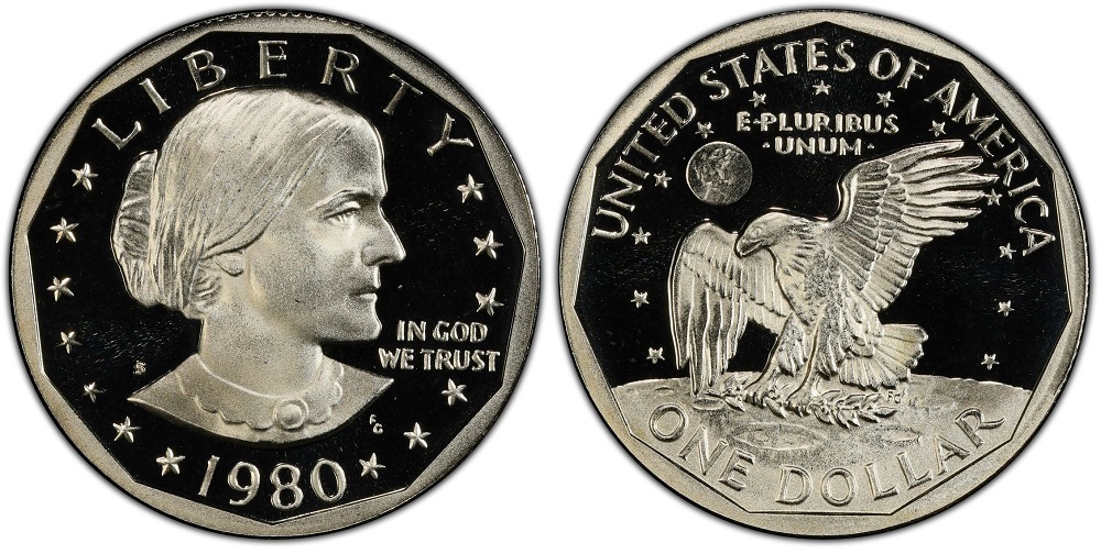 Grading strip showing four 1980 Susan B. Anthony dollars in four condition tiers from worn to gem uncirculated